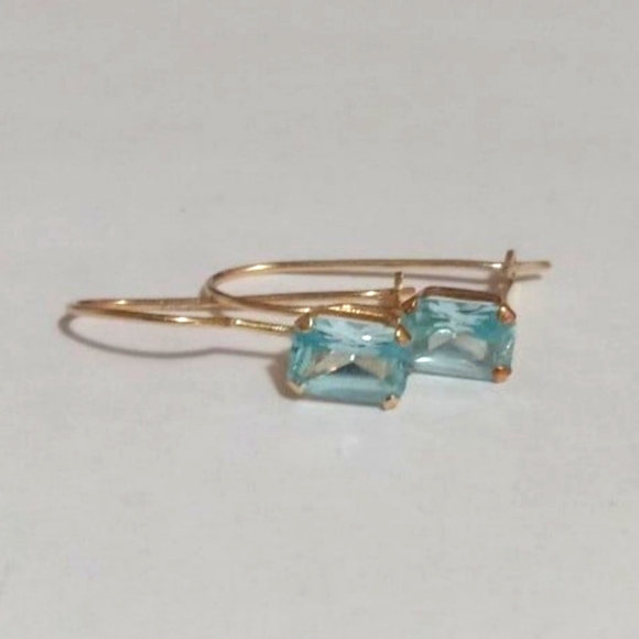 14k Solid Gold Emerald Cut Swiss Blue Topaz Threader Locking Designer Earrings - Picture 1 of 7